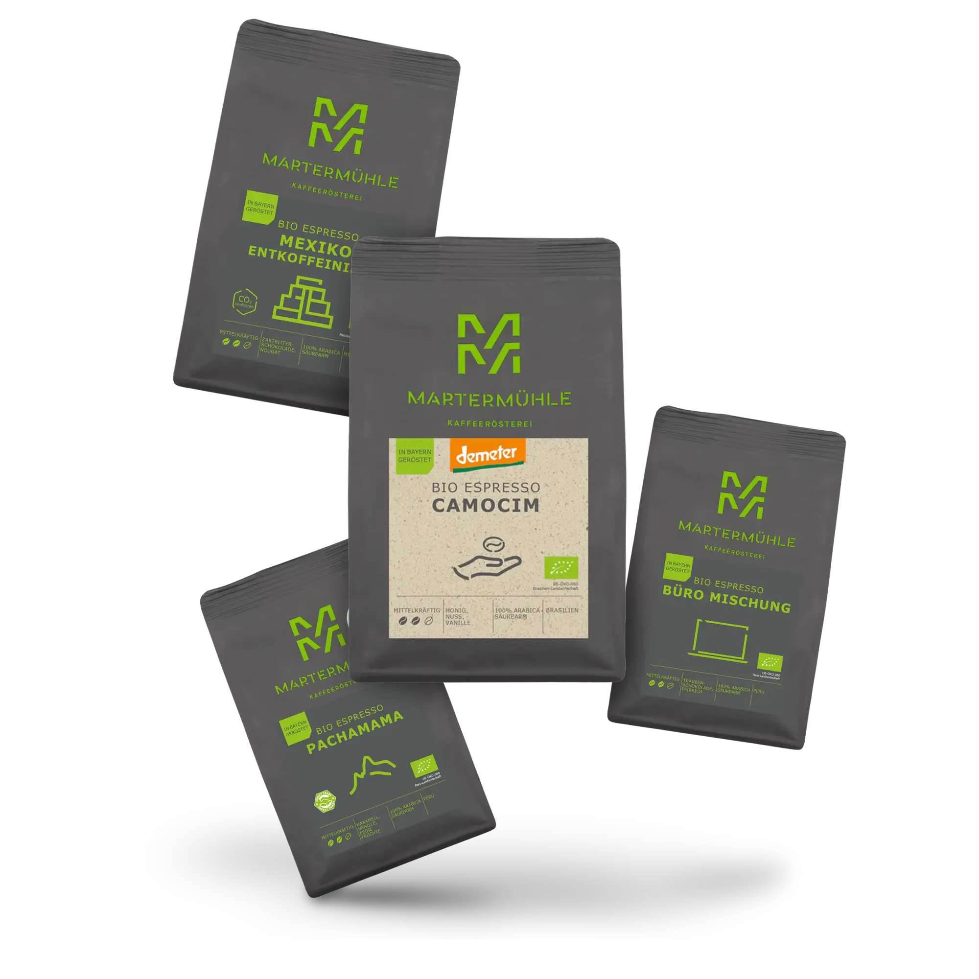 Verschiedene graue Bio-Espresso-Tüten der Kaffeerösterei Martermühle
