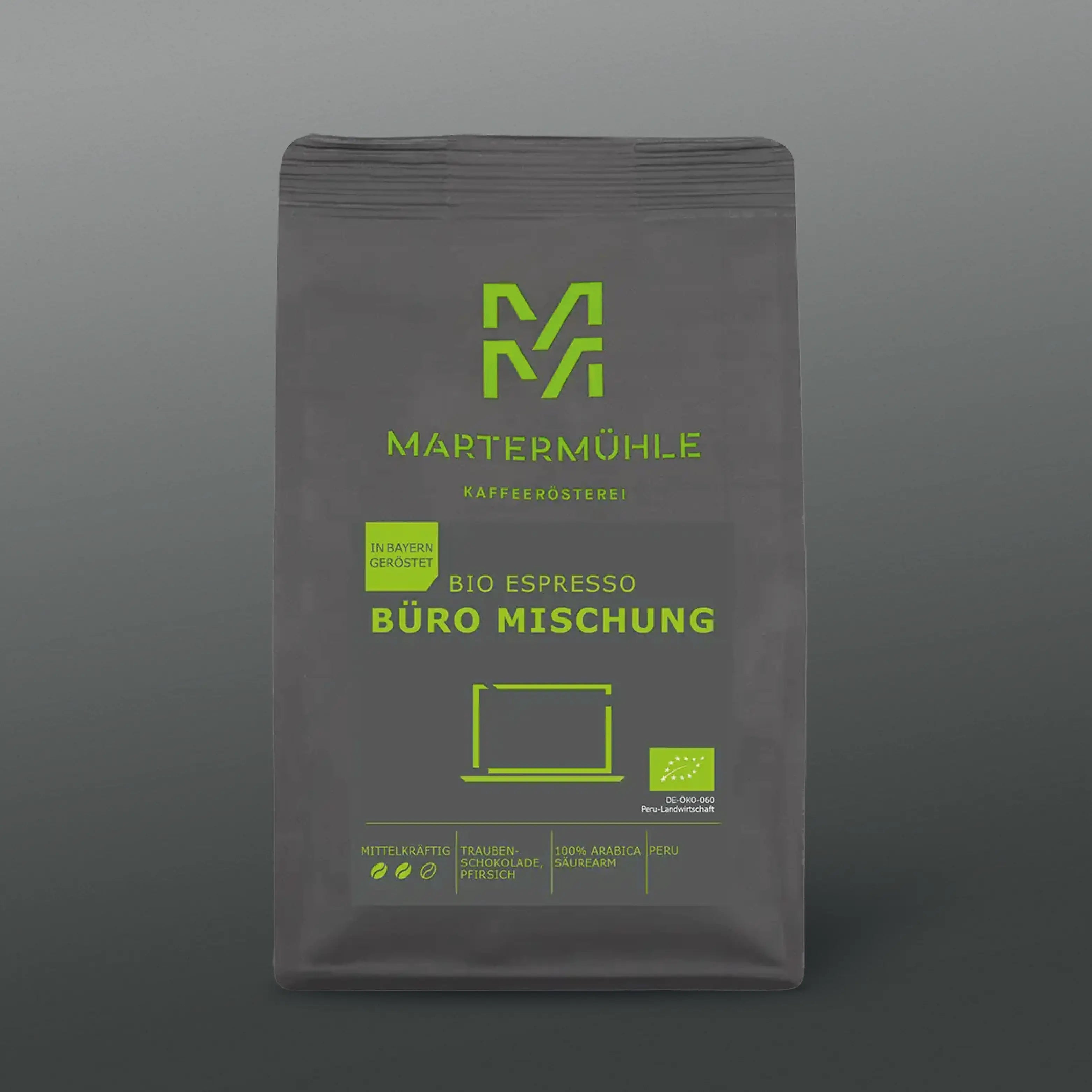 Packung Bio Espresso Büromischung mit grauem Hintergrund.