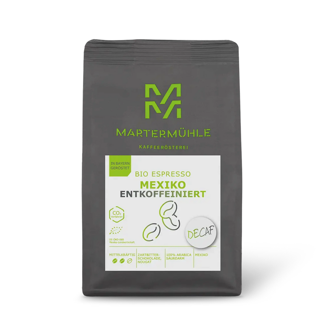 Packung Bio Espresso Mexiko entkoffeiniert ohne Hintergrund.