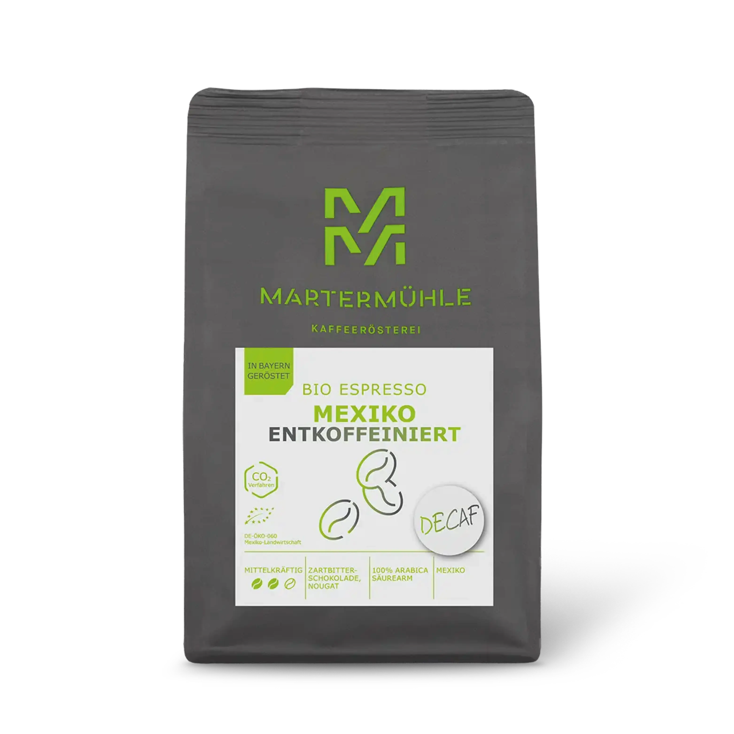 Packung Bio Espresso Mexiko entkoffeiniert ohne Hintergrund.