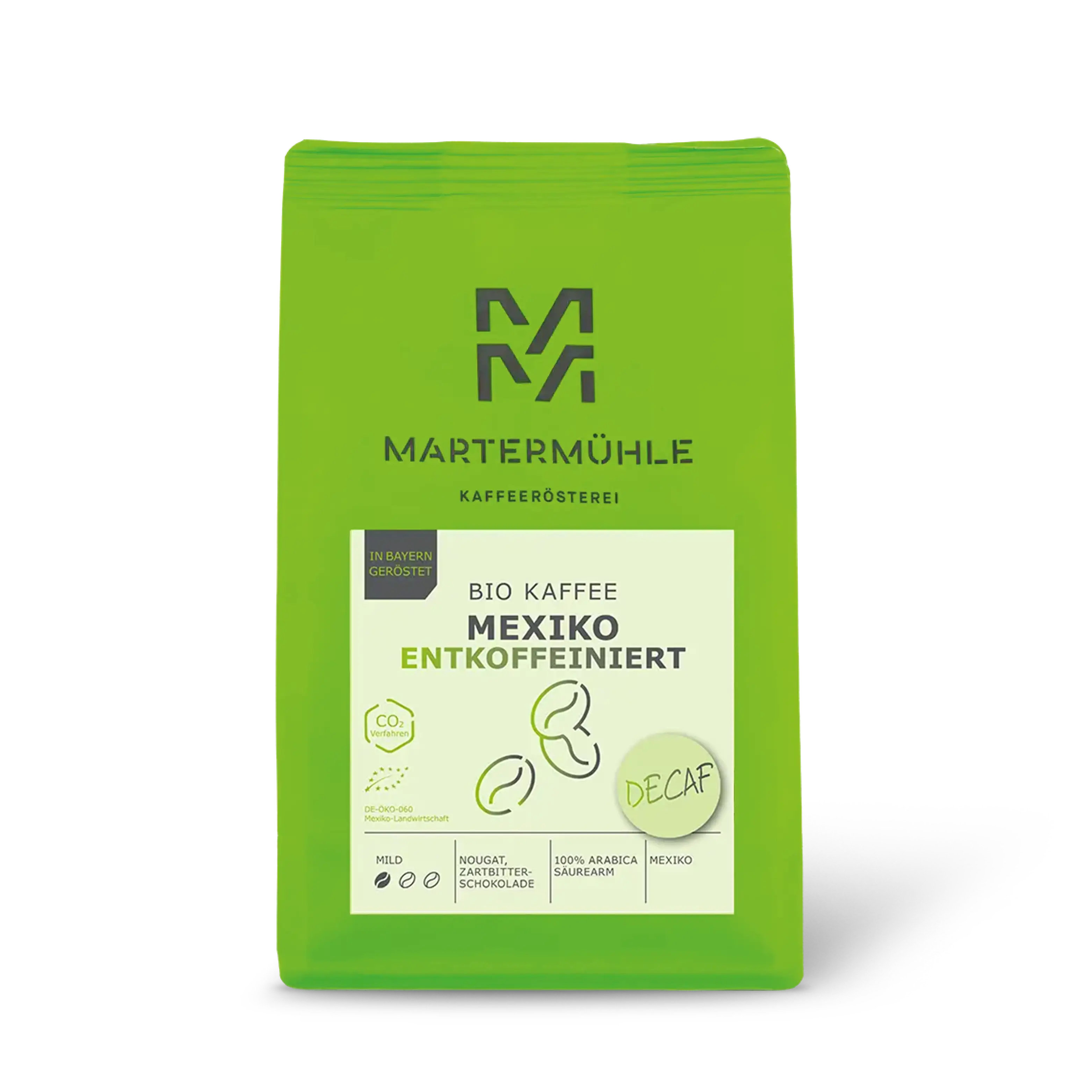 Packung Bio Kaffee Mexiko entkoffeiniert ohne Hintergrund.