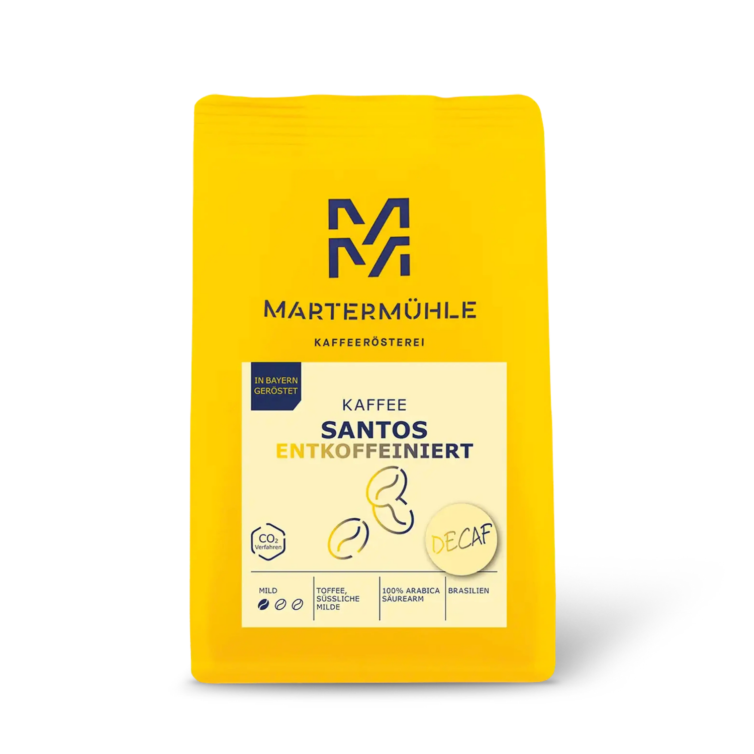 Packung Kaffee Santos entkoffeiniert ohne Hintergrund.