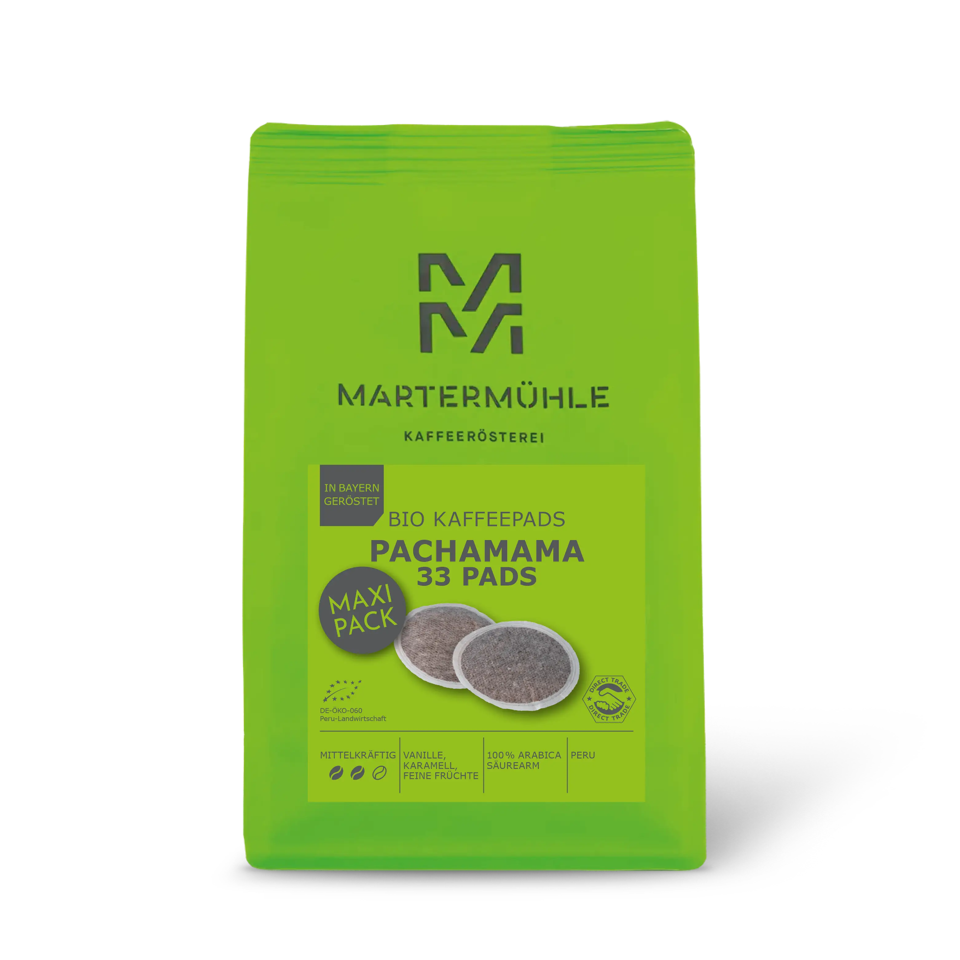 Kaffeepads Bio Kaffee PachaMama Packung ohne Hintergrund.