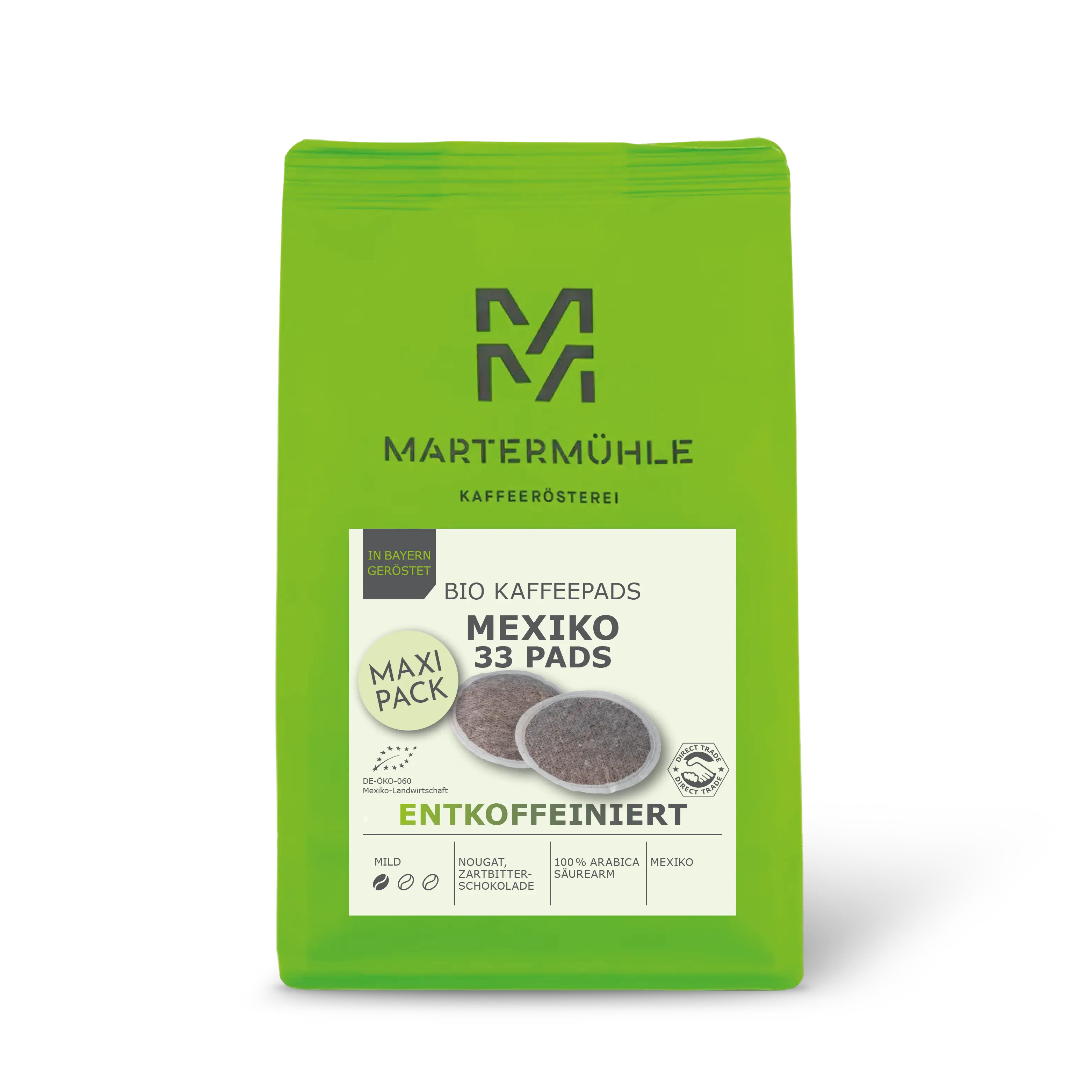 Kaffeepads Bio Kaffee Mexiko entkoffeiniert Packung ohne Hintergrund.