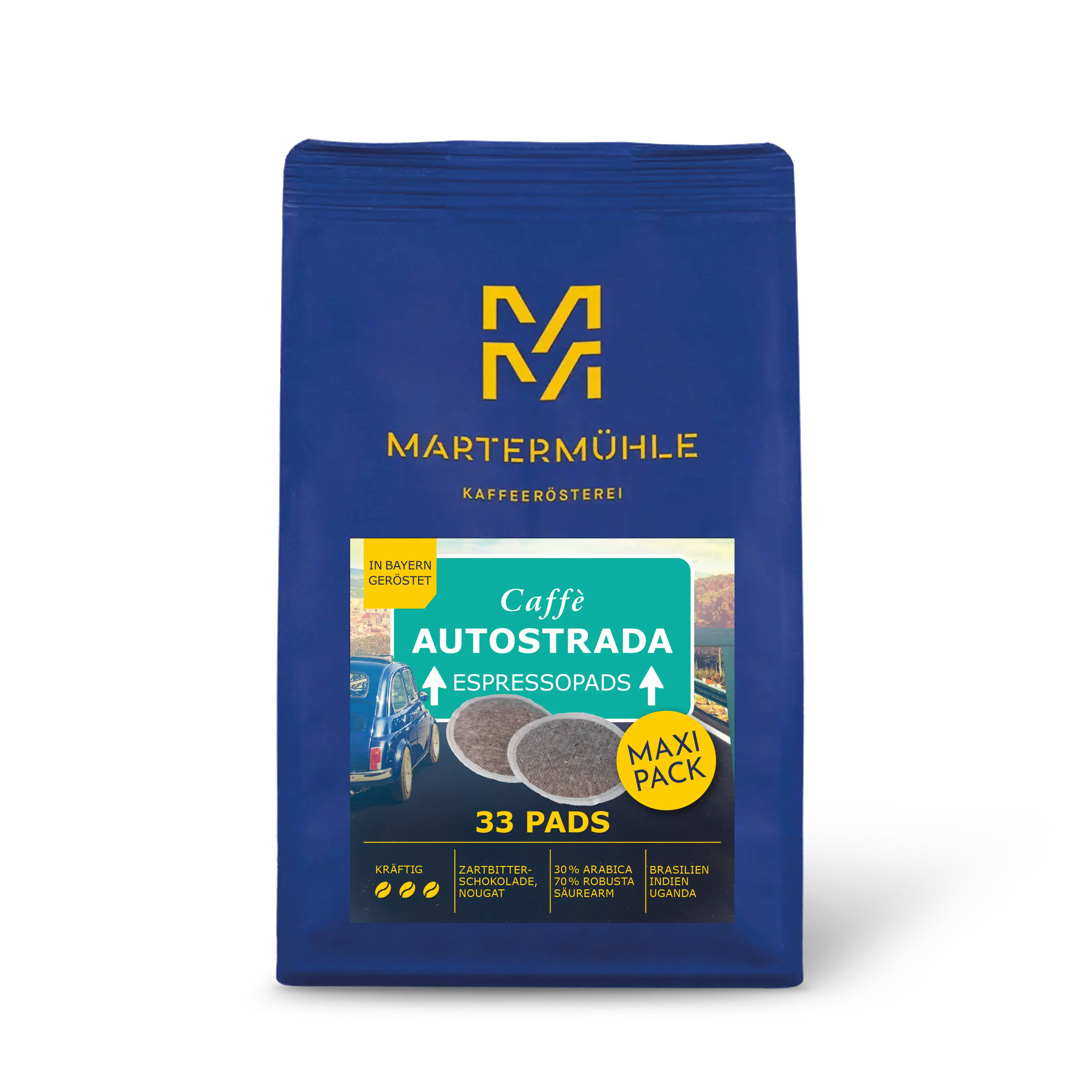 Kaffeepads Espresso Autostrada Packung ohne Hintergrund.