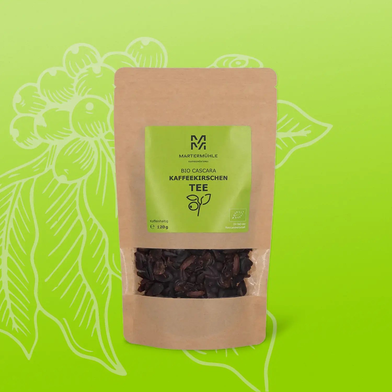 Cascara Kaffeekirschentee mit grünem Hintergrund.