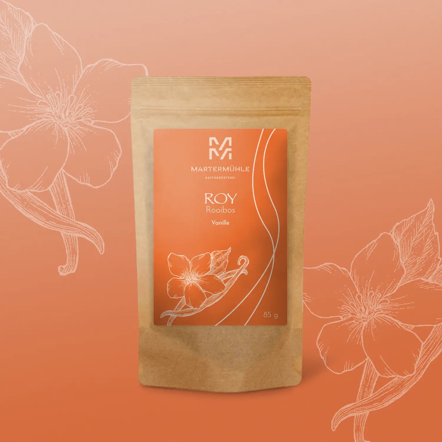 Roy Rooibos-Vanille-Tee auf lachsfarbenen Hintergrund.