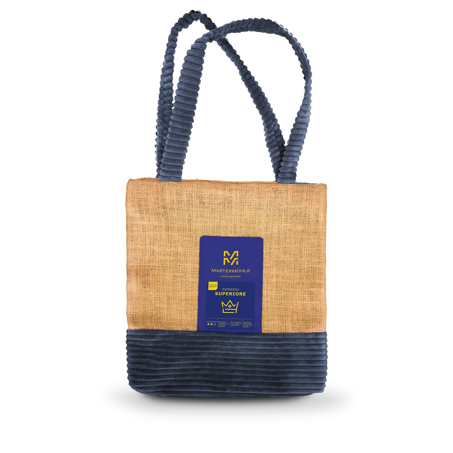 Handgenähte Tasche aus einem Kaffeesack mit einer Packung Espresso Superiore auf der Front.