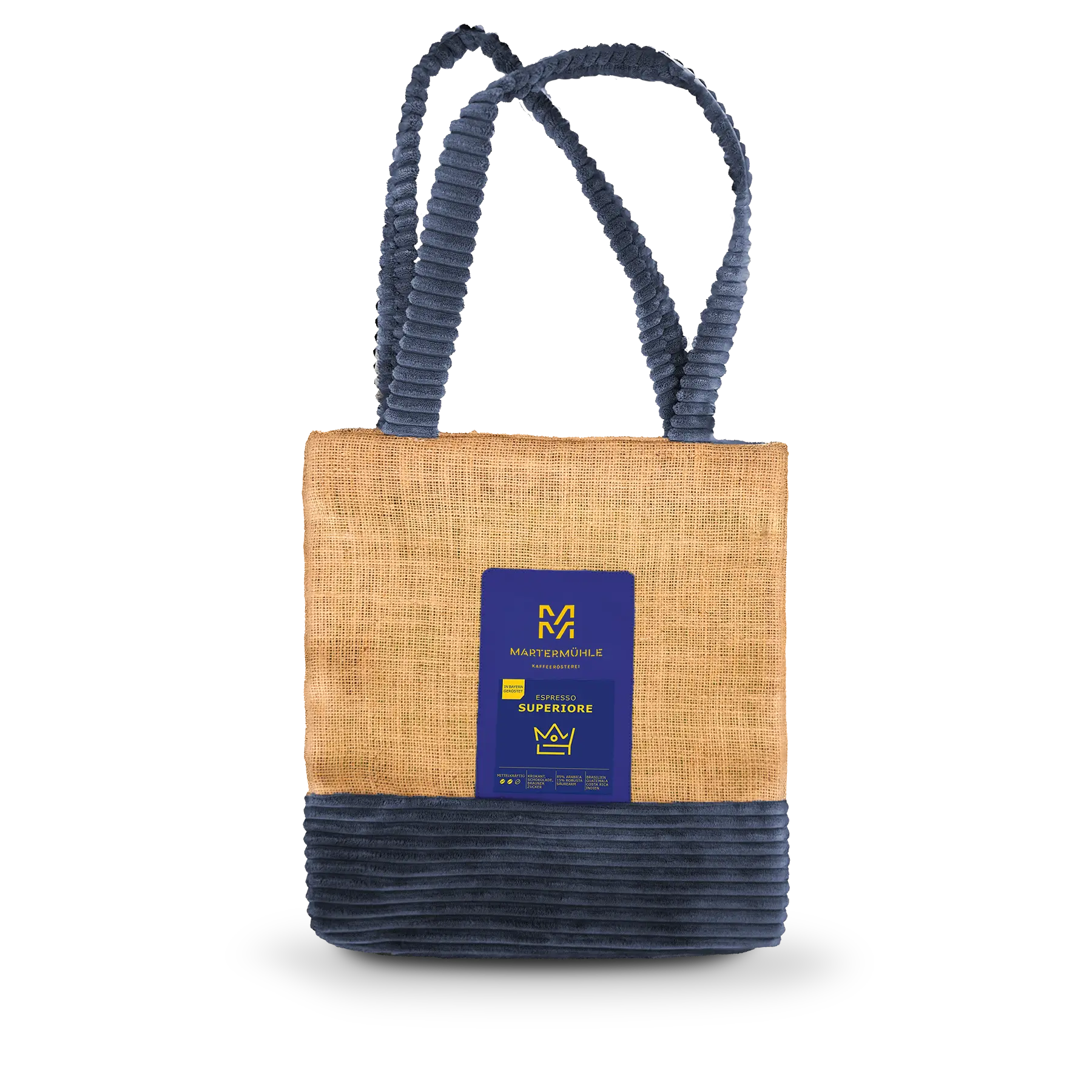 Handgenähte Tasche aus einem Kaffeesack mit einer Packung Espresso Superiore auf der Front.