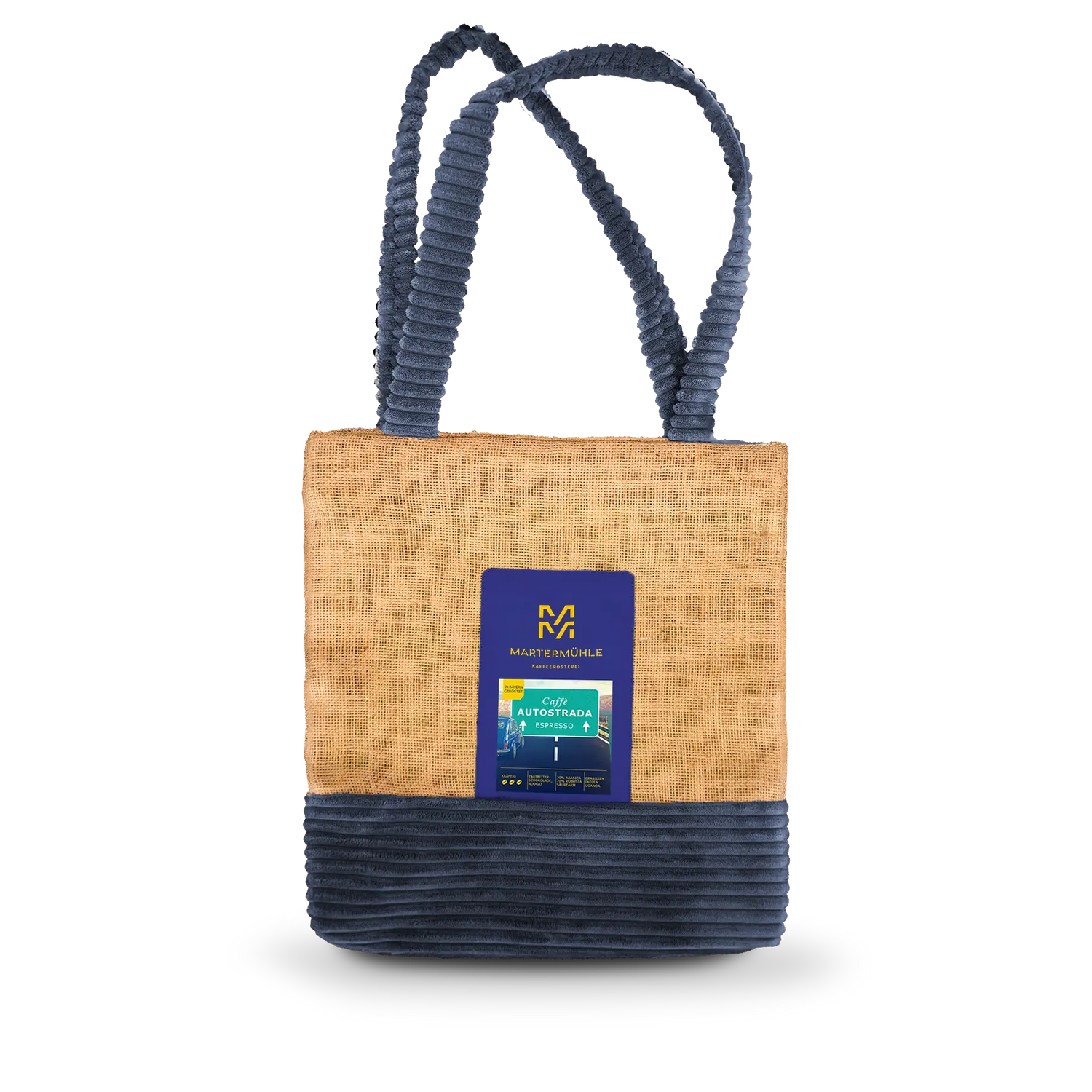 Handgenähte Tasche aus einem Kaffeesack mit einer Packung Espresso Autostrada auf der Front.