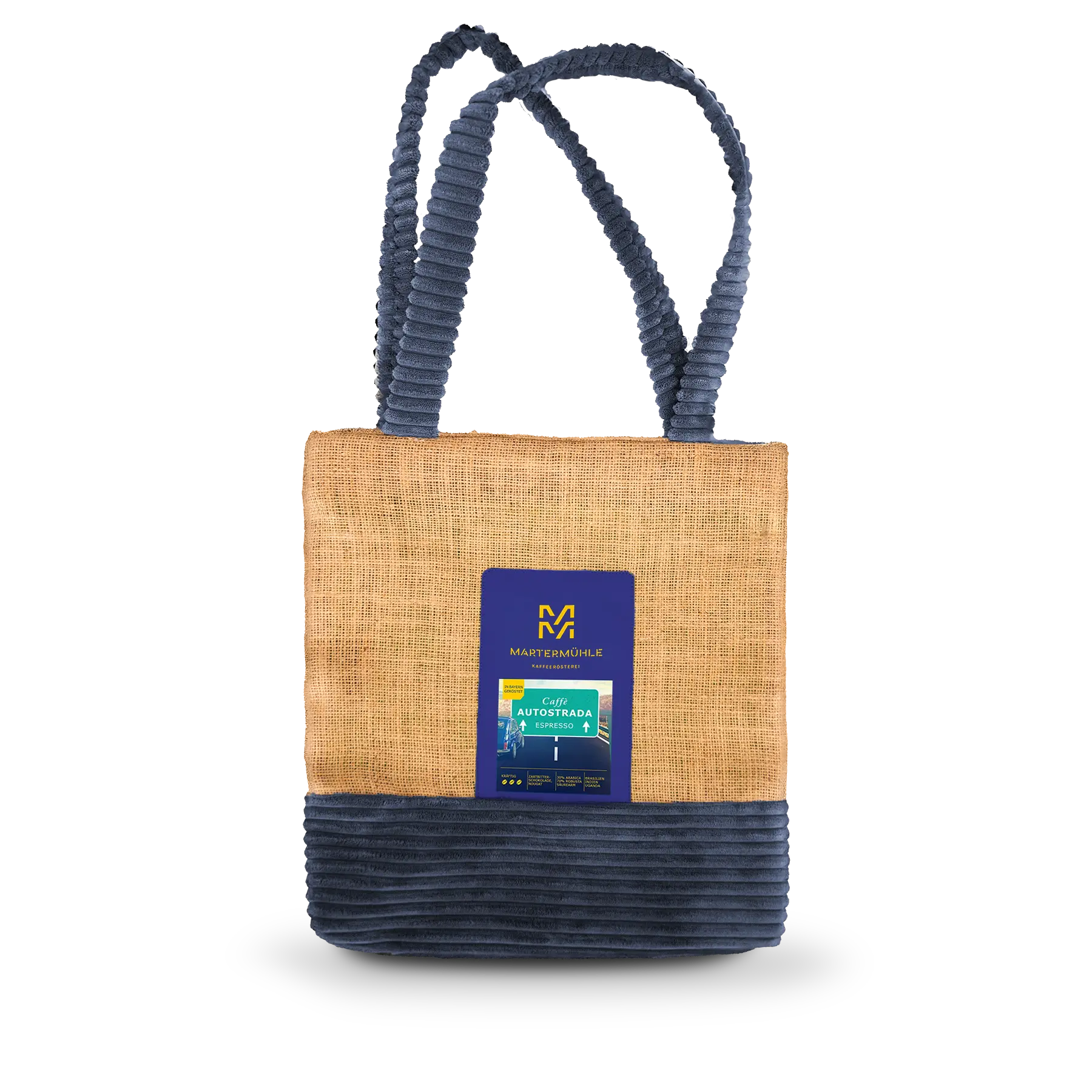 Handgenähte Tasche aus einem Kaffeesack mit einer Packung Espresso Autostrada auf der Front.