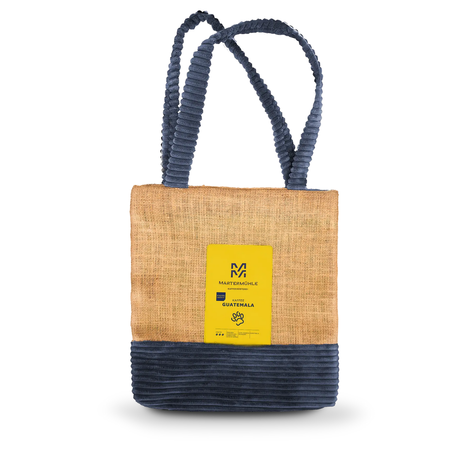 Handgenähte Tasche aus einem Kaffeesack mit einer Packung Kaffee Guatemala auf der Front.
