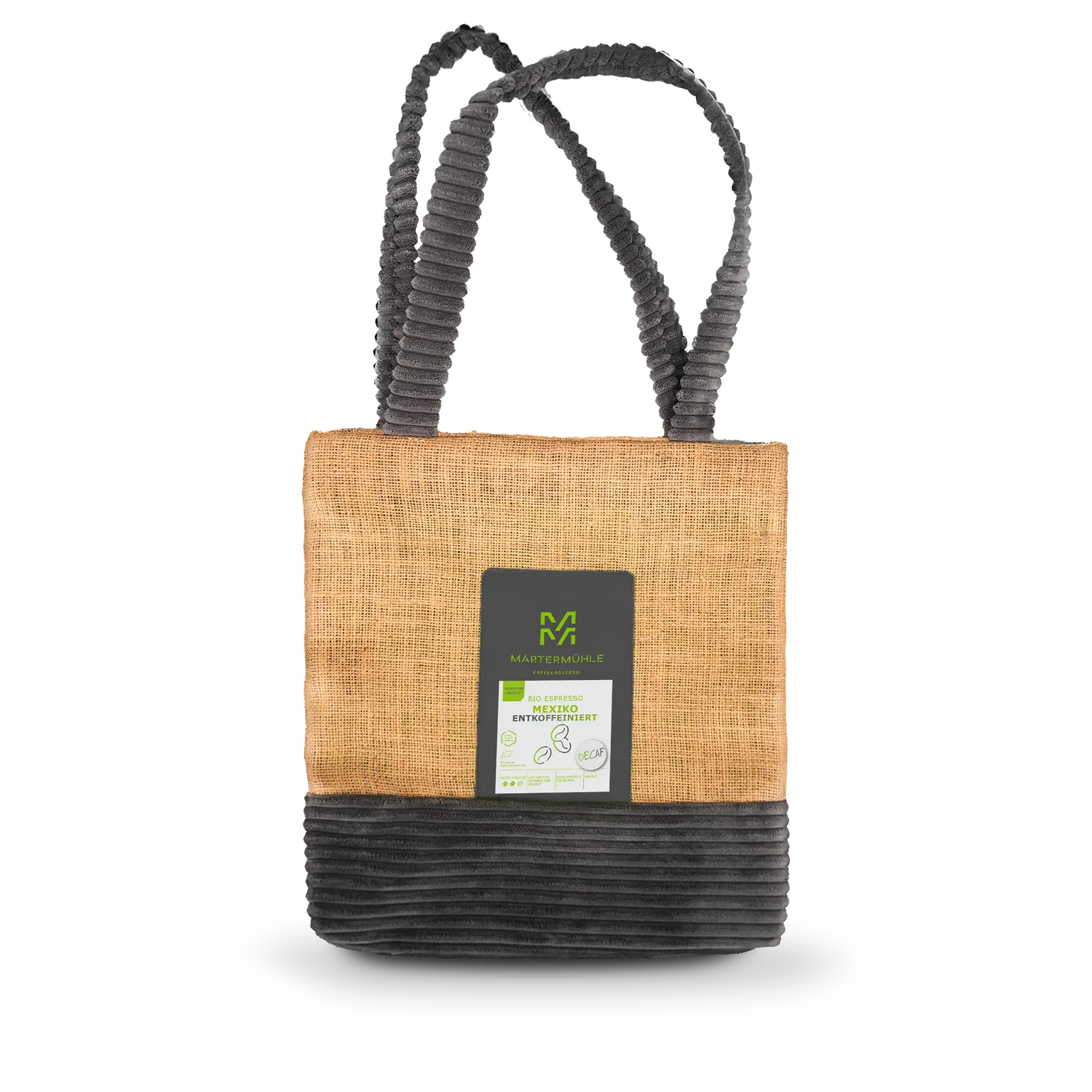 Handgenähte Tasche aus einem Kaffeesack mit einer Packung Bio Espresso Mexiko entkoffeiniert auf der Front.