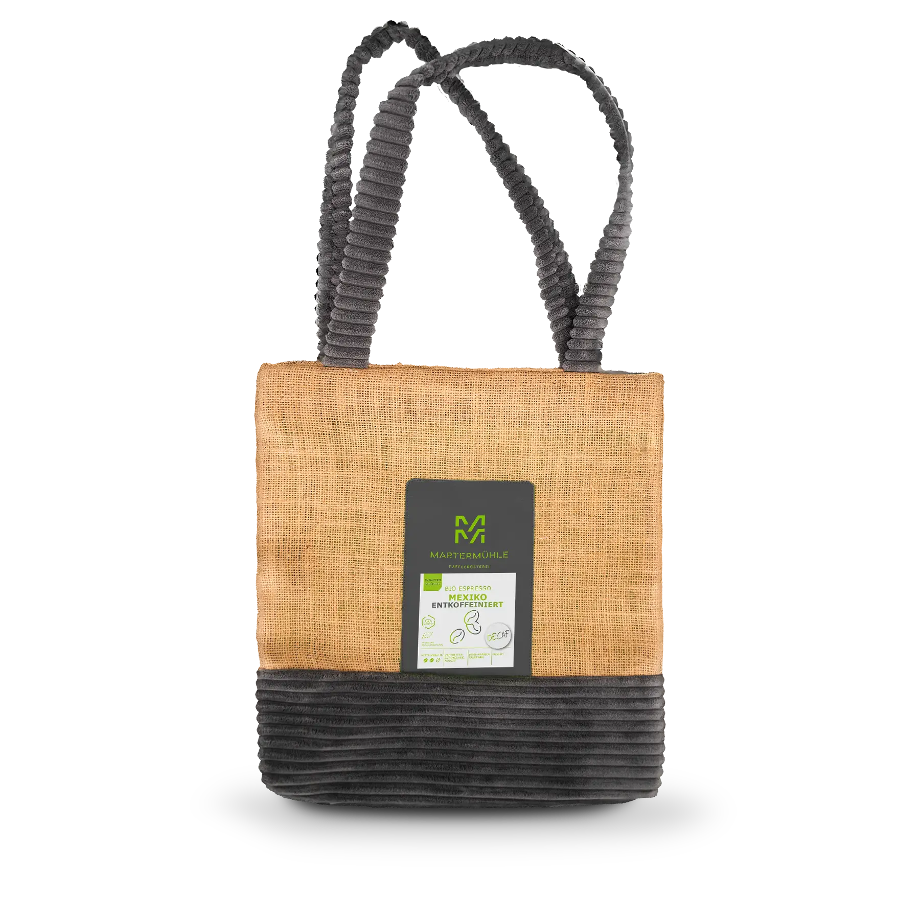 Handgenähte Tasche aus einem Kaffeesack mit einer Packung Bio Espresso Mexiko entkoffeiniert auf der Front.