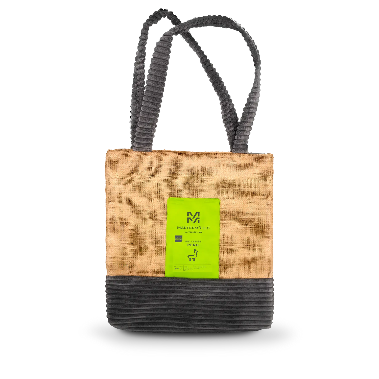 Handgenähte Tasche aus einem Kaffeesack mit einer Packung Bio Kaffee Peru auf der Front.