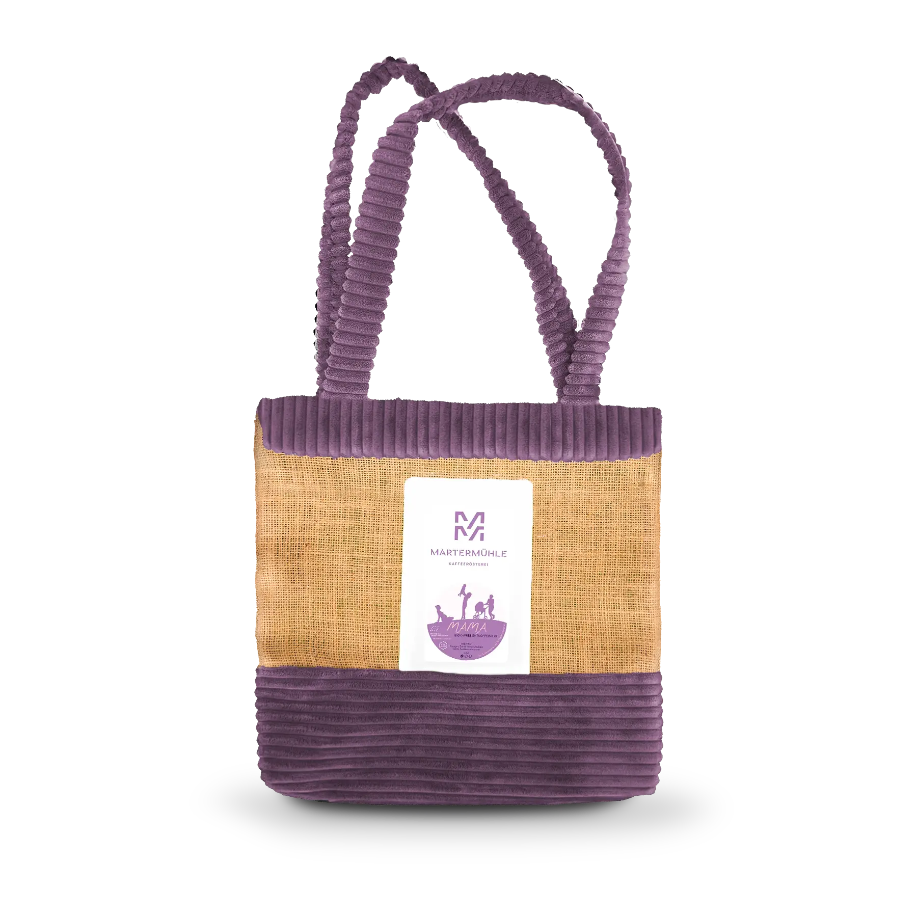 Handgenähte Tasche aus einem Kaffeesack mit einer Packung Mama Kaffee auf der Front.