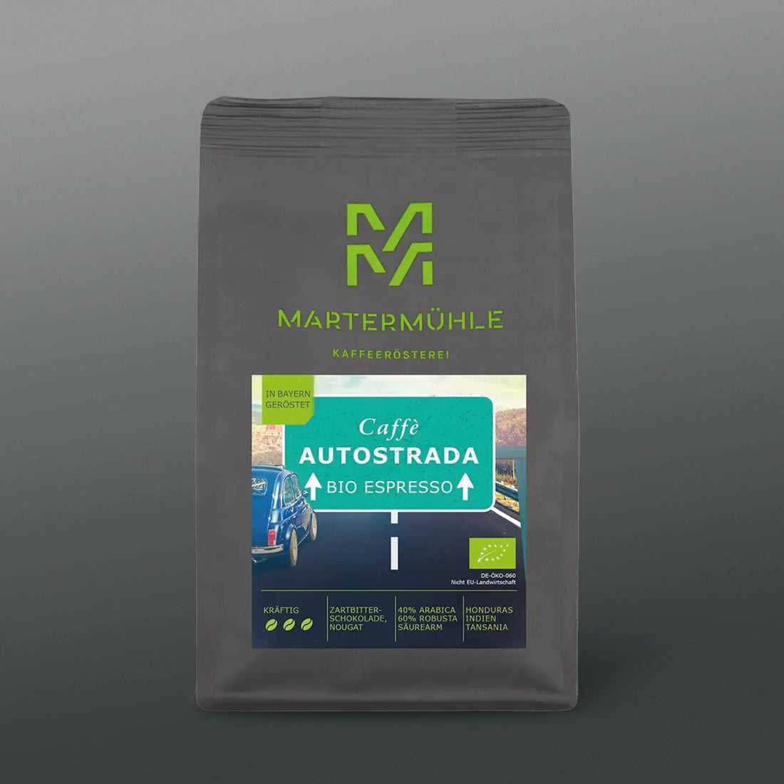 Packung Bio Espresso Autostrada mit grauem Hintergrund.