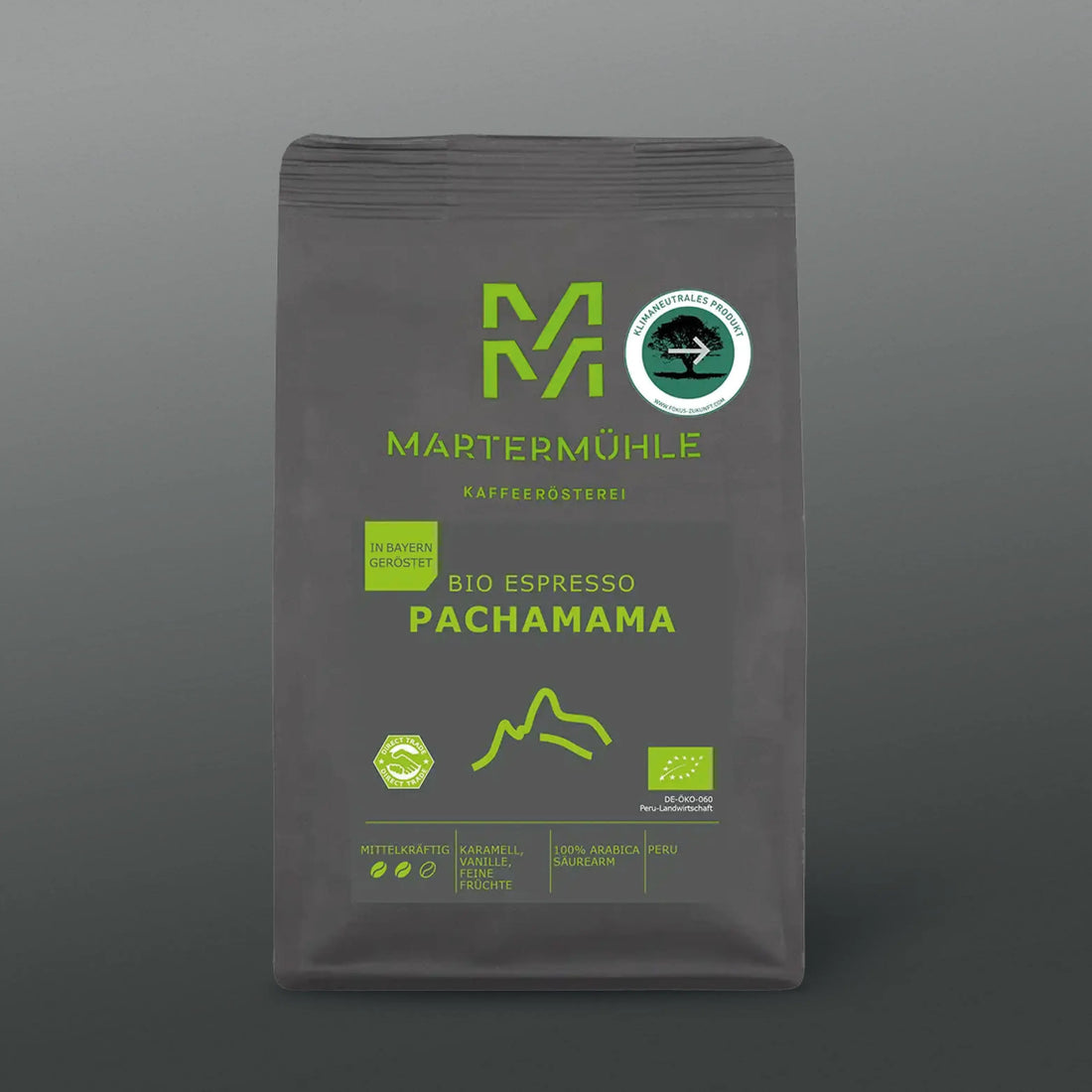 Packung Bio Espresso PachaMama auf grauem Hintergrund.