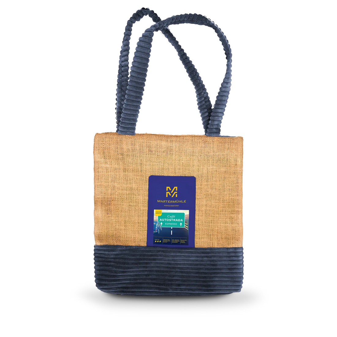 Handgenähte Tasche aus einem Kaffeesack mit einer Packung Espresso Autostrada auf der Front.